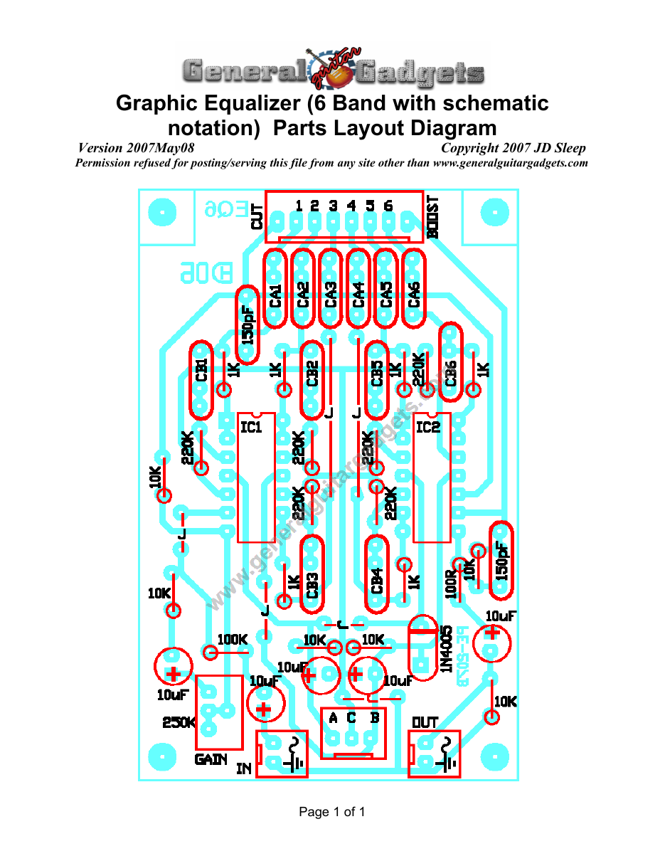 Graphic EQ Parts Layout Diagram with schematic notation for the Band capacitors