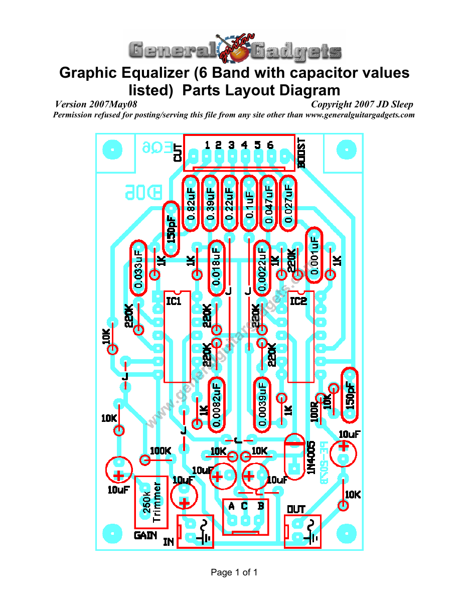 Graphic EQ Parts Layout Diagram, 6 band with actual capacitor values
