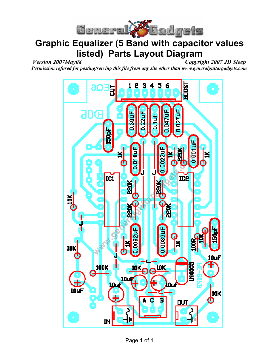 Graphic EQ Parts Layout Diagram, 5 Band with actual capacitor values