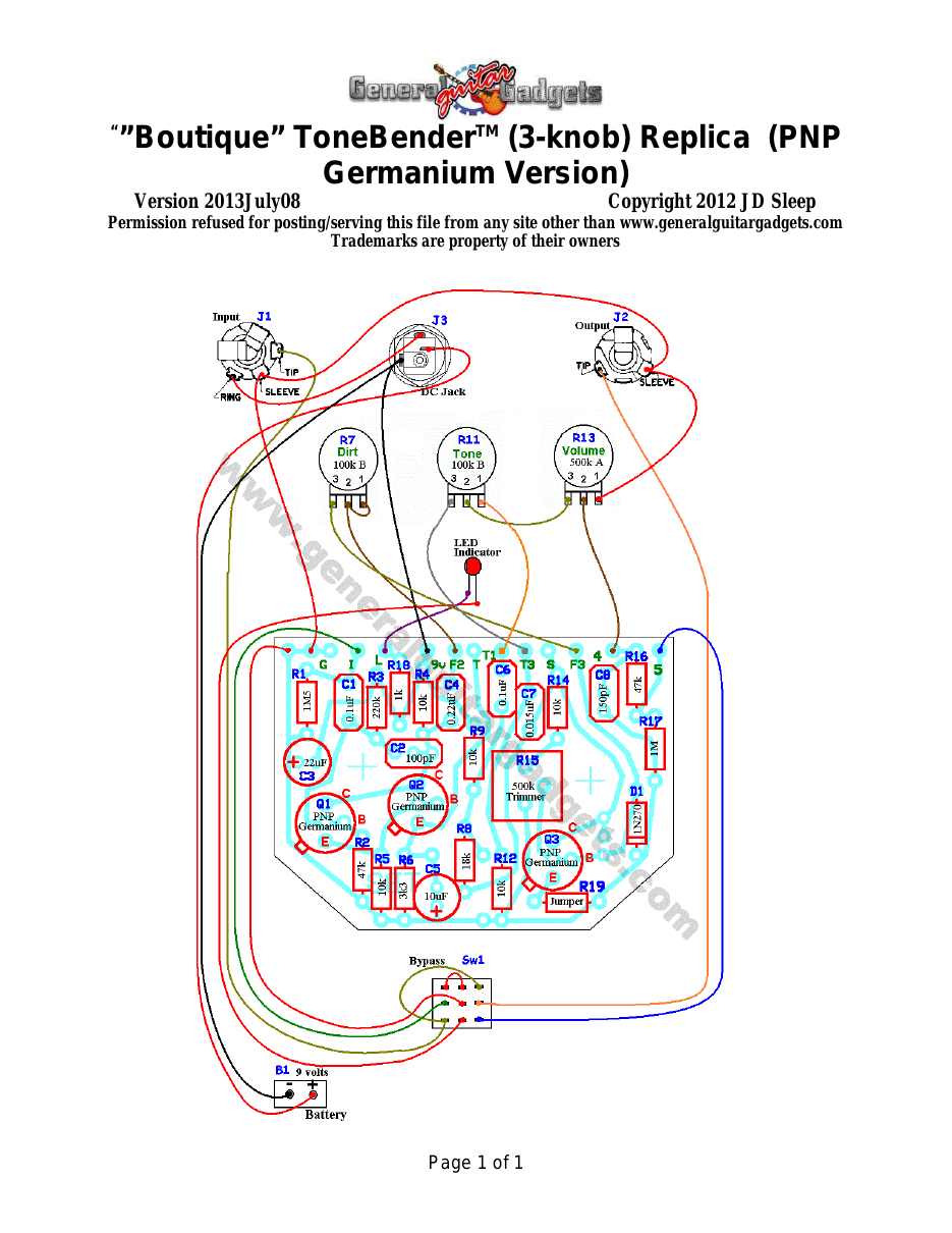 Boutique Bender (PNP Germanium) Parts Layout