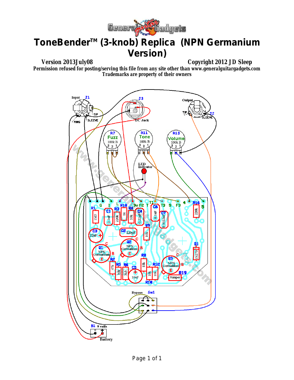 ColorSound 3-Knob ToneBender (NPN) Parts Layout