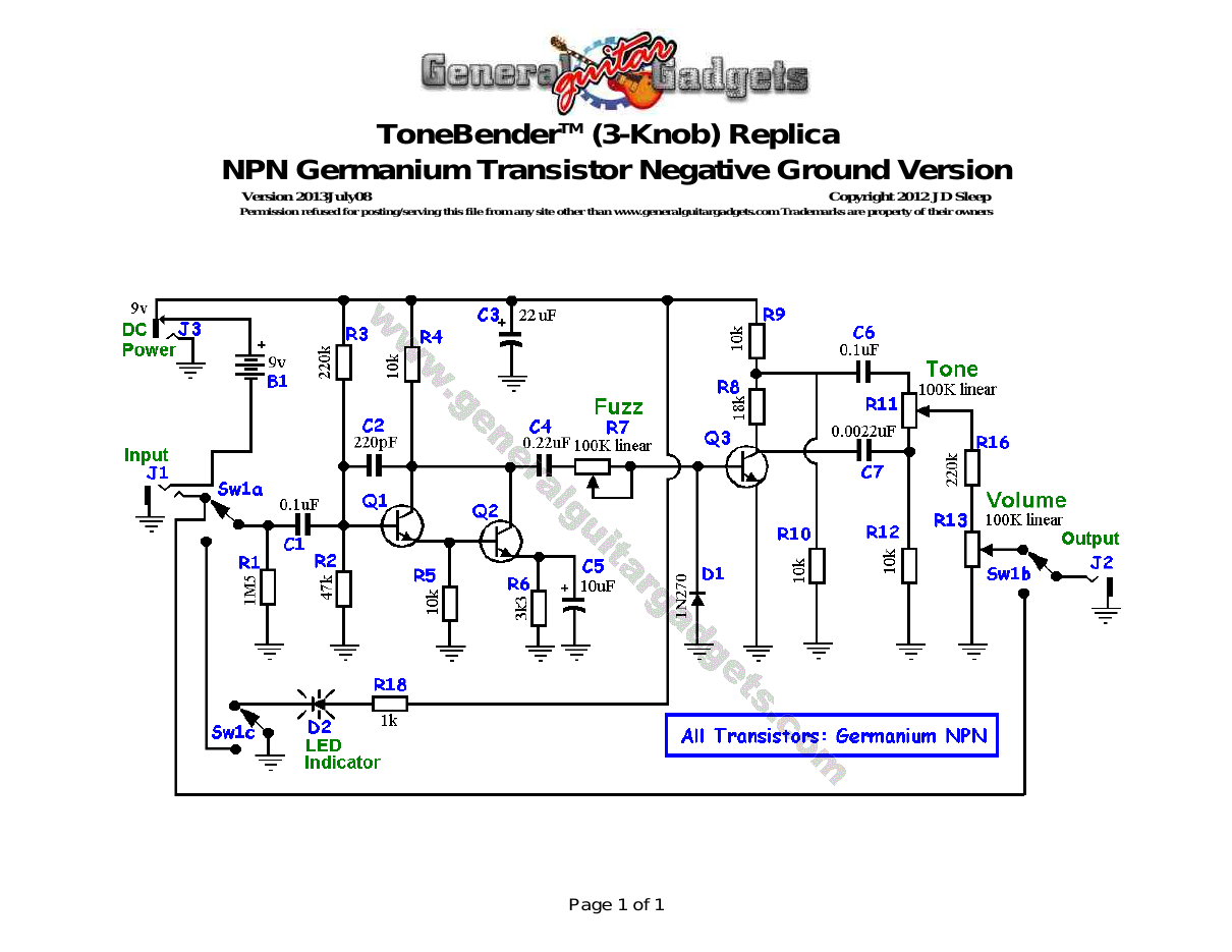 ColorSound 3-Knob ToneBender (NPN) Schematic