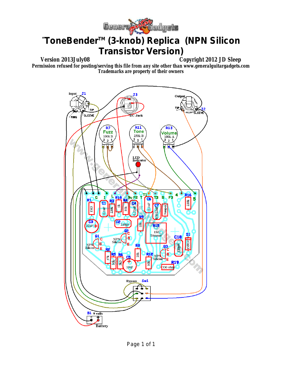 ColorSound 3-Knob ToneBender (NPN Silion) Parts Layout