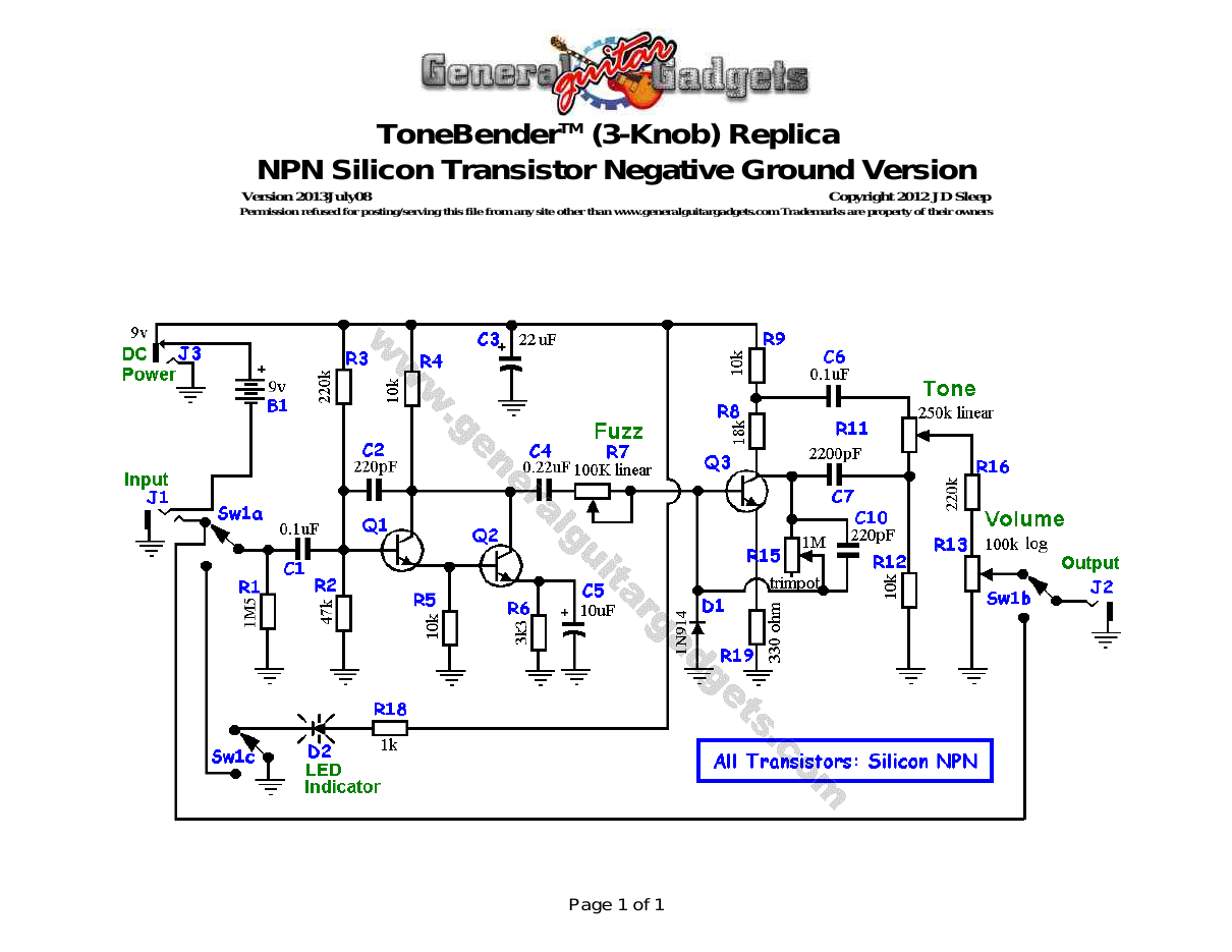 ColorSound 3-Knob ToneBender (NPN Silion) Schematic