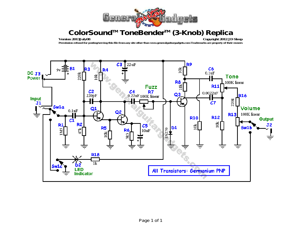 ColorSound 3-Knob ToneBender Schematic