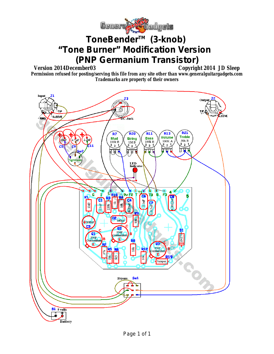 Tone Burner (PNP Germanium) Parts Layout