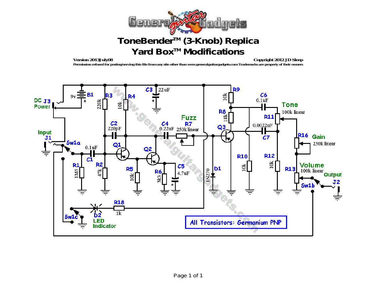 Yard Box ToneBender (PNP Germanium) Schematic