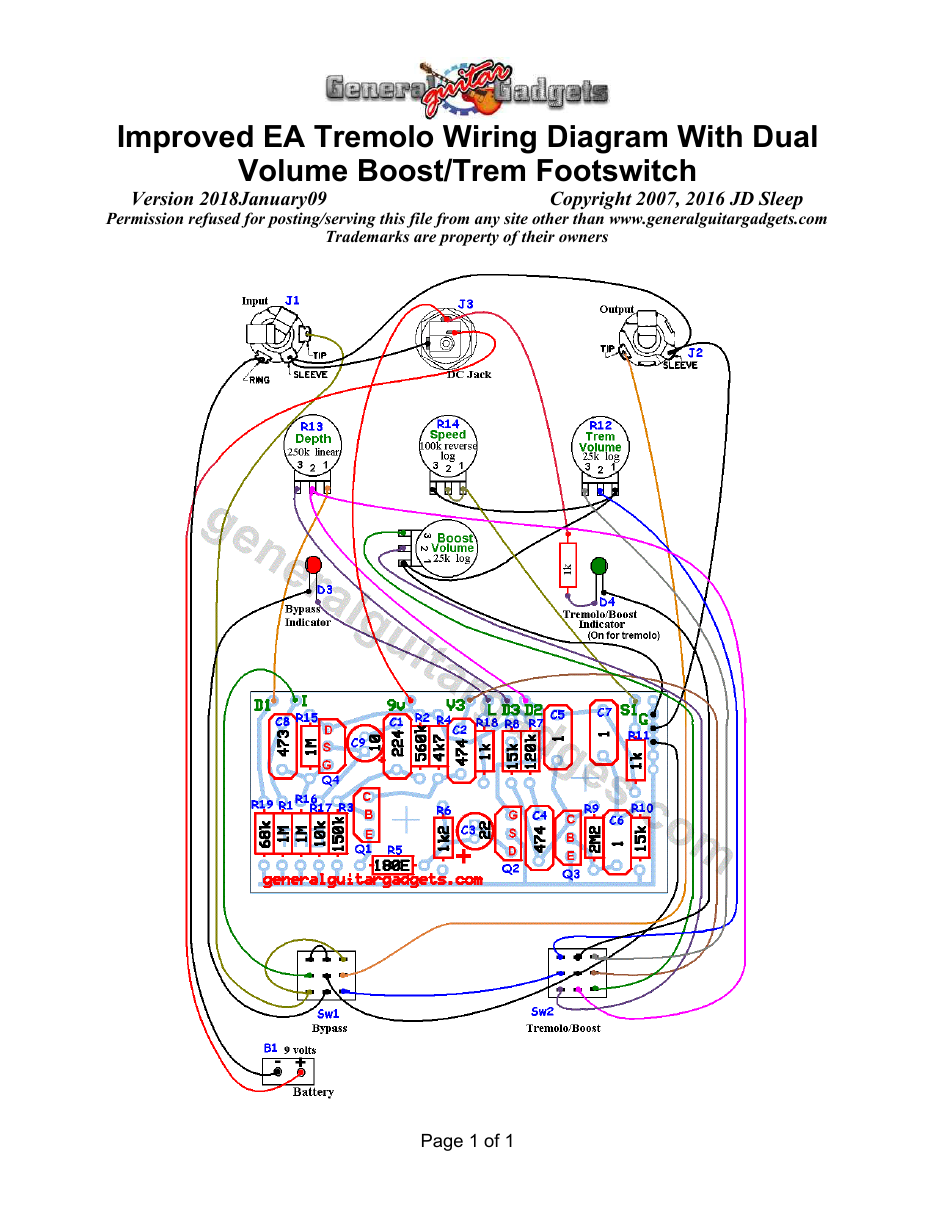 Improved EA Tremolo with Trem/Boost footswitch and Volume Controls Parts Layout and Wiring Diagram