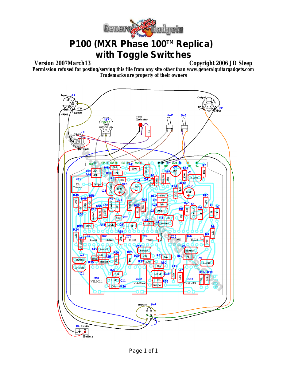 Phase 100Parts Layout and Wiring Diagram using two toggle switches instead of the rotary switch.
